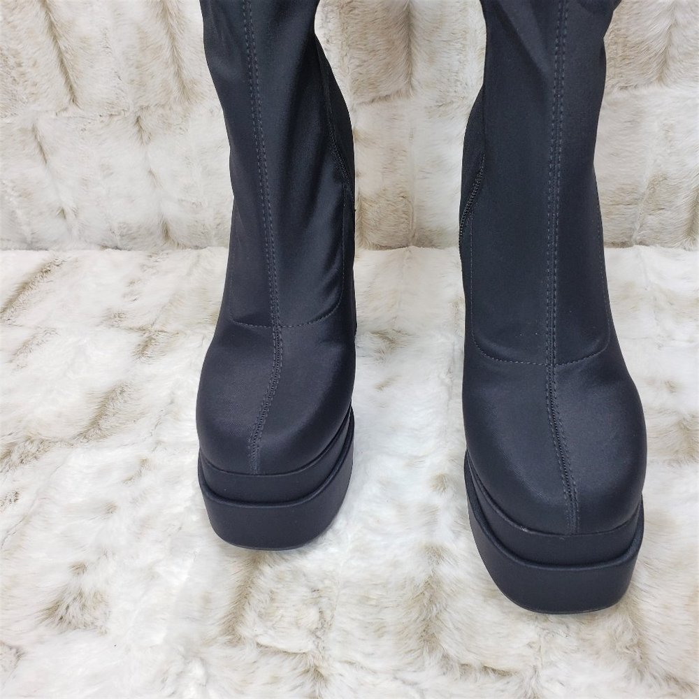 ☆ Stacked Black Stretch Leatherette Thigh High Chunky Heel Double Platform Boots - Picture 5 of 10